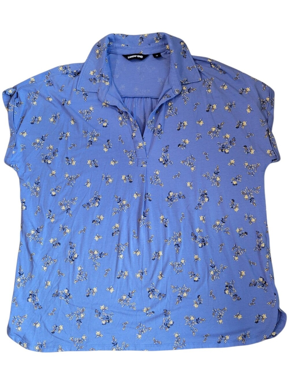 Lands' End Cotton/Modal Blue Floral Collared Top Plus Size 1x